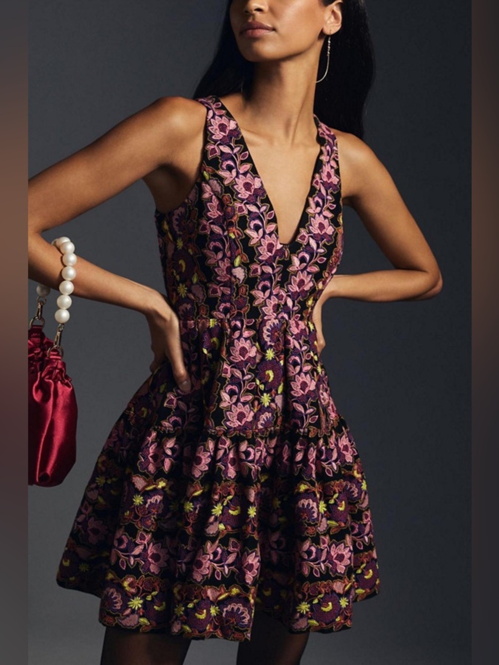 By Anthropologie Deep-V Mini Dress Embroidered black pink Size 4